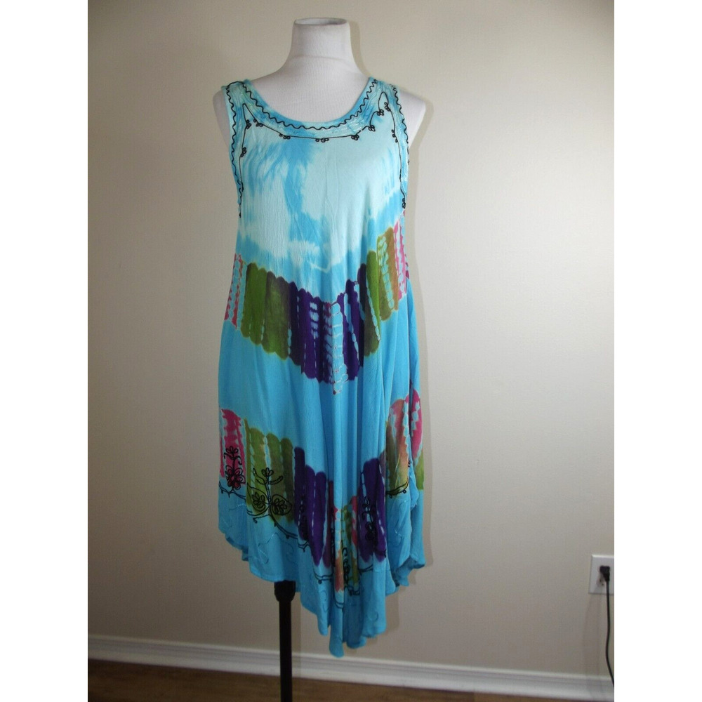 S R Fashion Womens Gauzy Beach DRESS - One Size - Blue Tie Dye Embroidered Boho